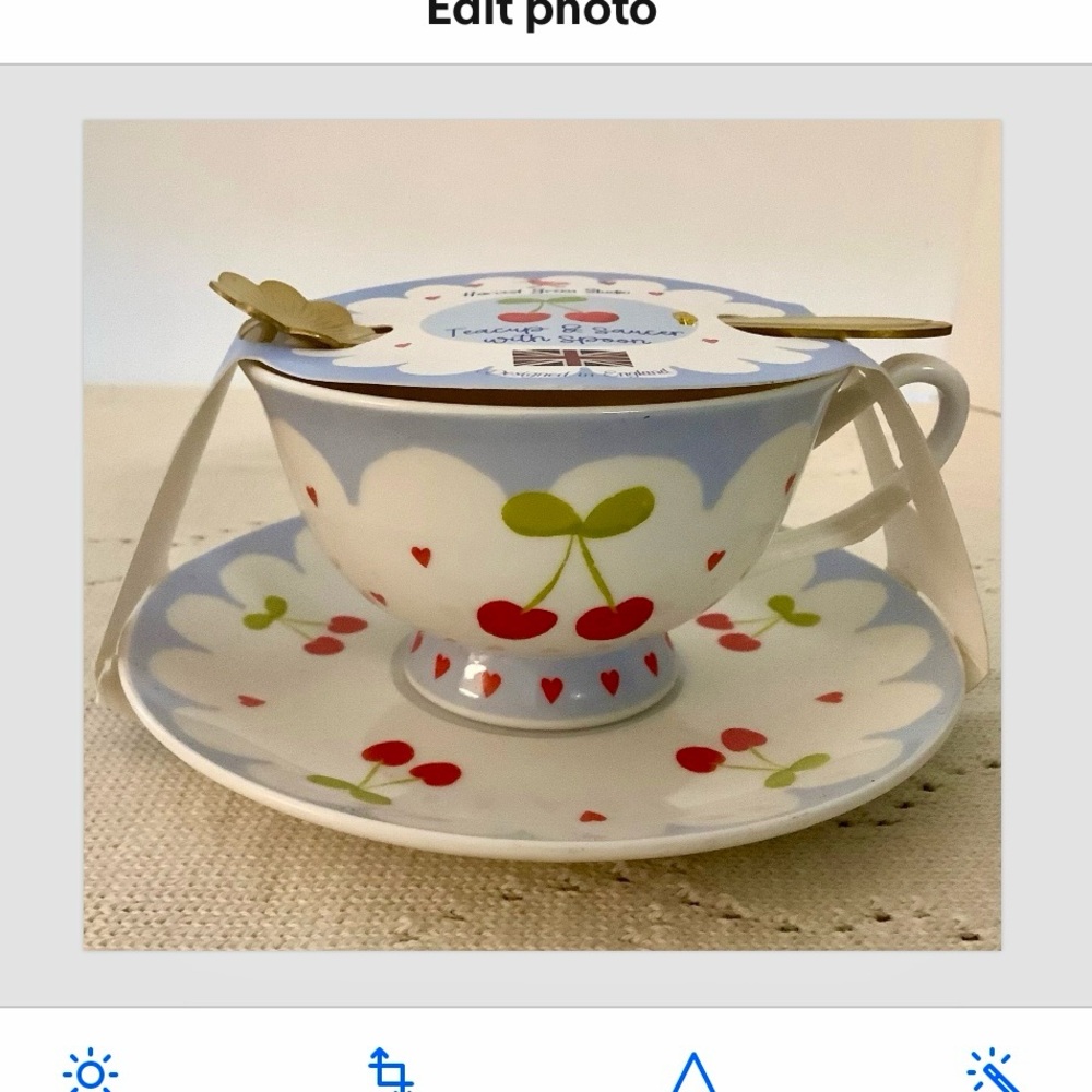Brand New New Harvest Green, Cherry & Hearts Teacup & Saucer 
w/Spoon